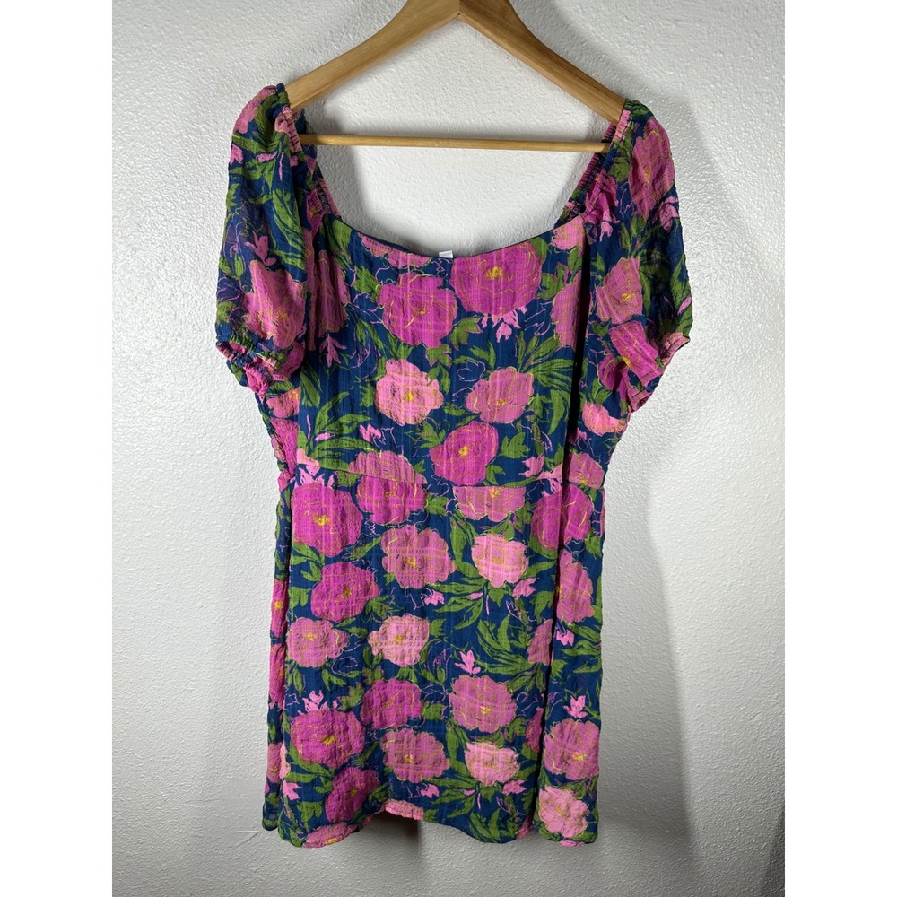 AUW Mini Dress Womens 3X Pink Floral Smocked Back Short Sleeve Puff Casual